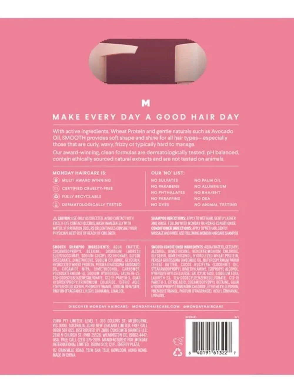 MONDAY Haircare SMOOTH Shampoo and Conditioner Set, 34 fl oz Each